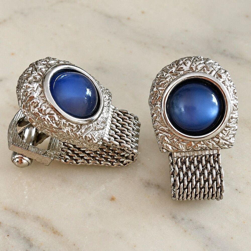 Vintage Blue Cabochon Cufflinks Swank Men’s Silver Tone Mesh Mid Century Retro